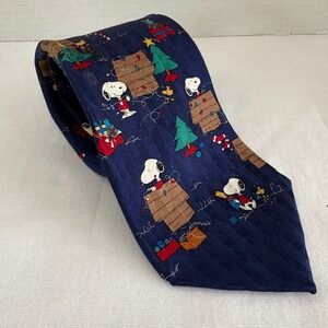 Peanuts Snoopy Christmas Silk Tie Navy Blue Deck The Doghouse Holiday Mens